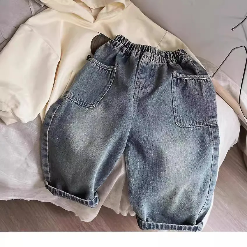 KIDCRKJ Casual Spring Kid Boys Denim Pants Side Pocket Polished White Children Boys Pants Elastic Waist Baby Boys Trousers