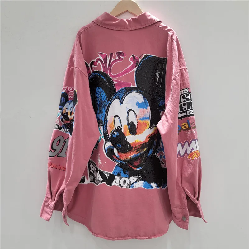 European Fashion Cartoon Print Long Sleeve Shirt for Women Early Autumn New European Style Printed Loose Coat Denim Jacket
