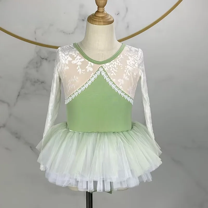 赤いダンススカート子供用バレエ体操ユニフォーム長袖ベルベットエンボスジャンプスーツ女の子用秋の新スタイル練習着