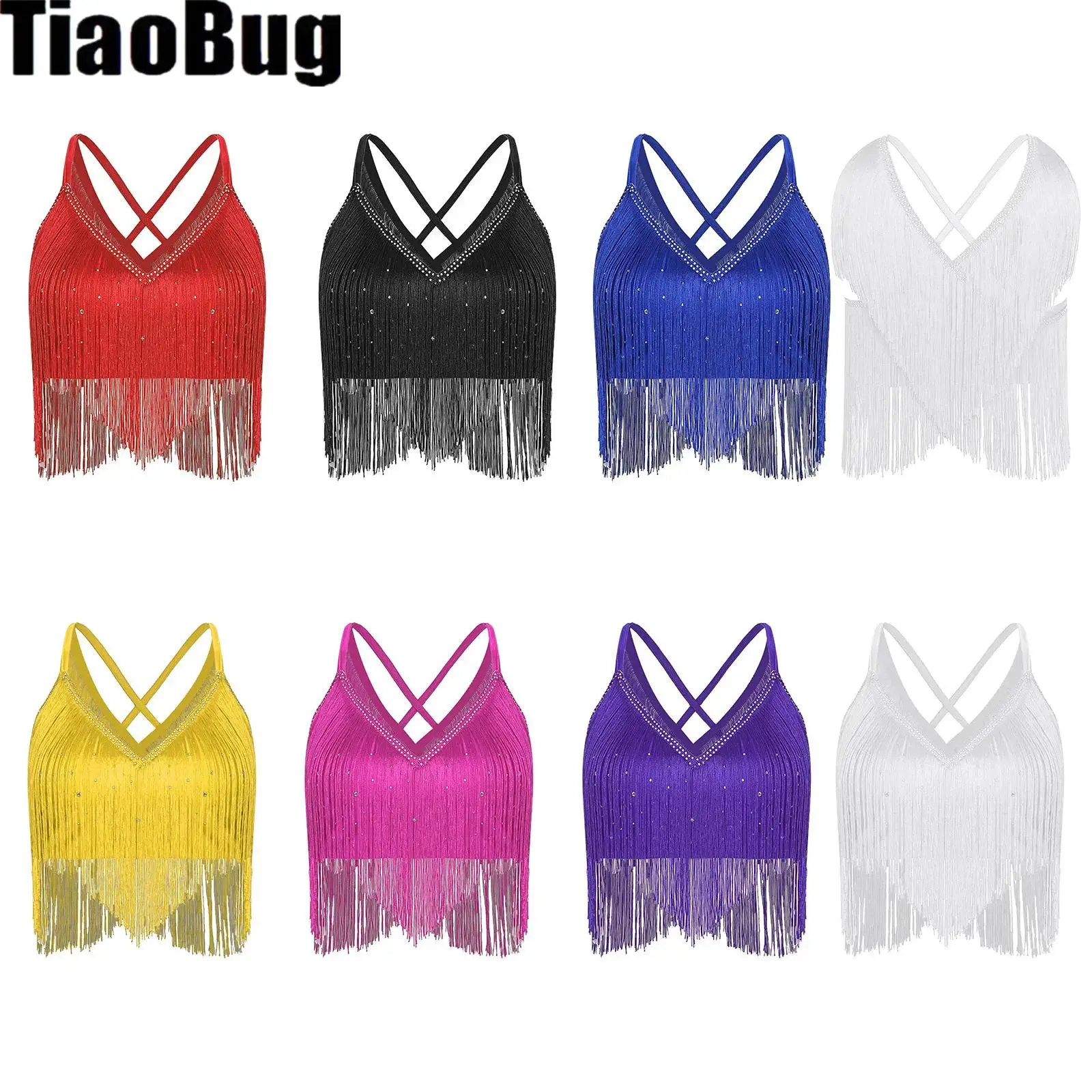 Women Salsa Latin Dance Tops V-Neck Sleeveless Crisscross Back Fringe Crop Top for Performance Competition Costume