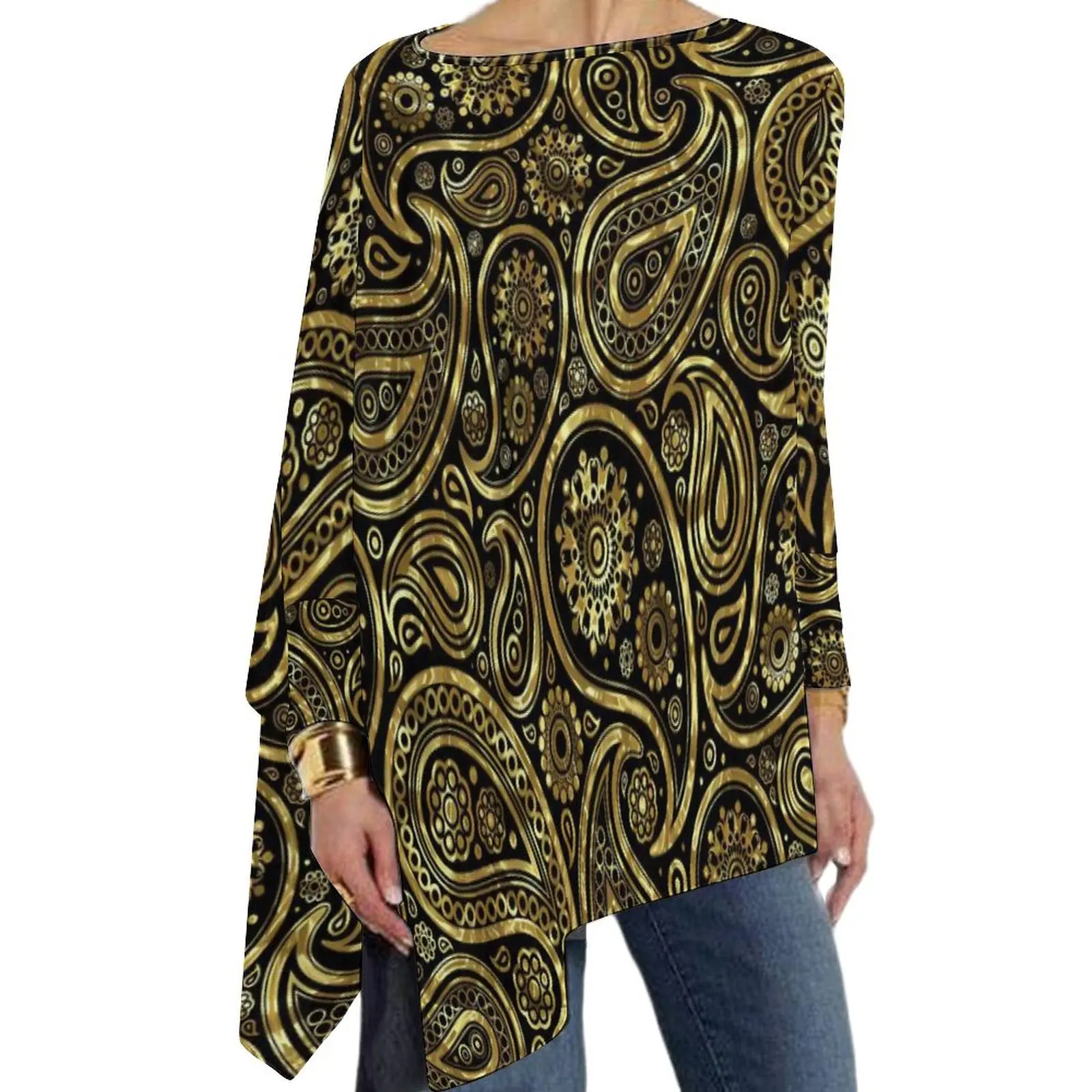 

Vintage Paisley Print T-Shirt Gold And Black Loose Long-Sleeve T Shirts Custom Y2K Tee Shirt Woman Winter Clothes Big Size