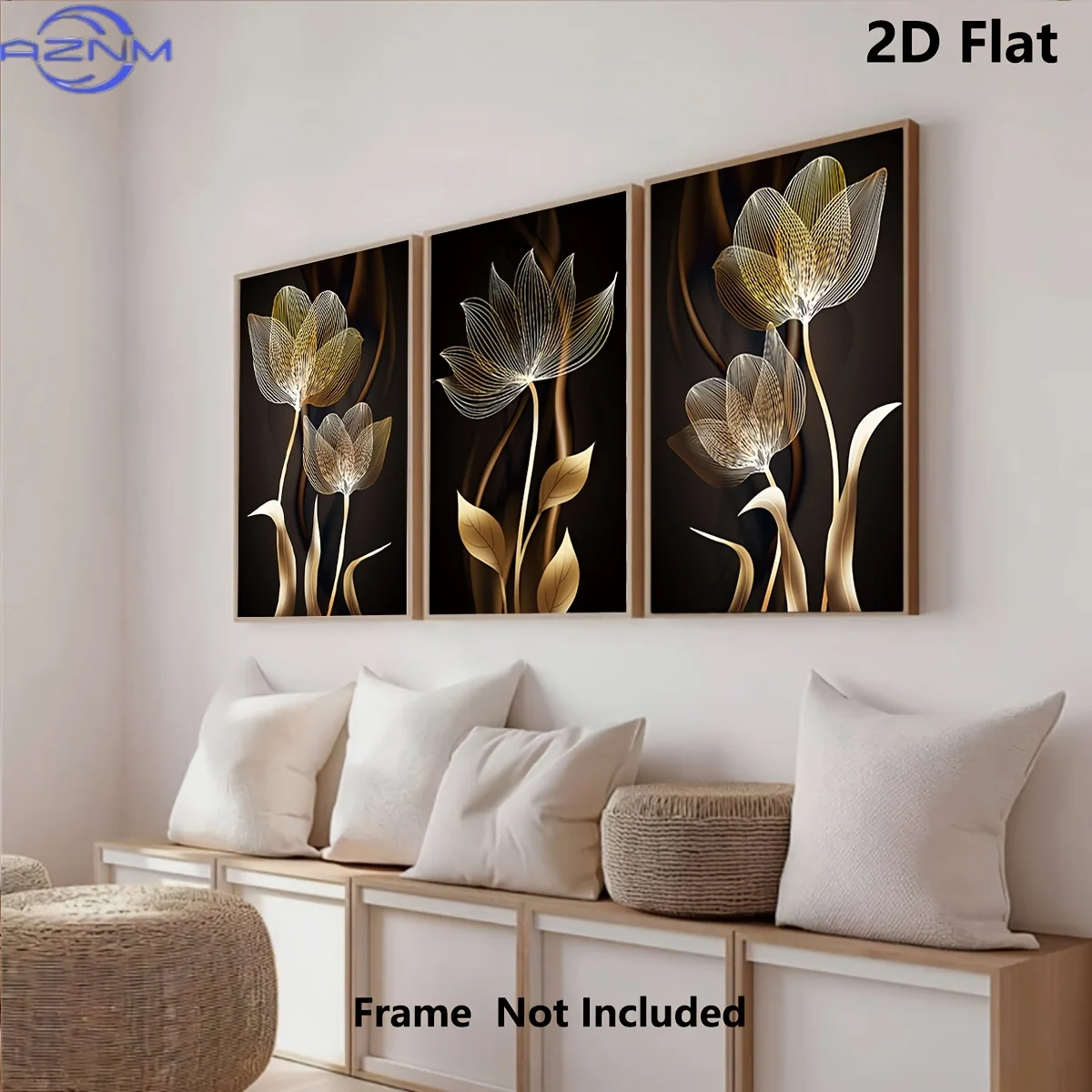 3pcs, Black and Golden Flower Wall Art Canvas Painting for Living Room Decor - Modern Abstract Design, No Frame Required
