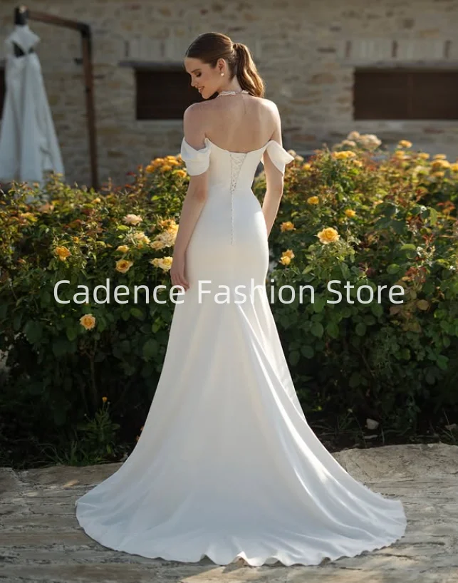 Personalizado elegante feminino split sereia vestidos de casamento espartilho alça traseira cetim vestidos de noiva banquete de casamento