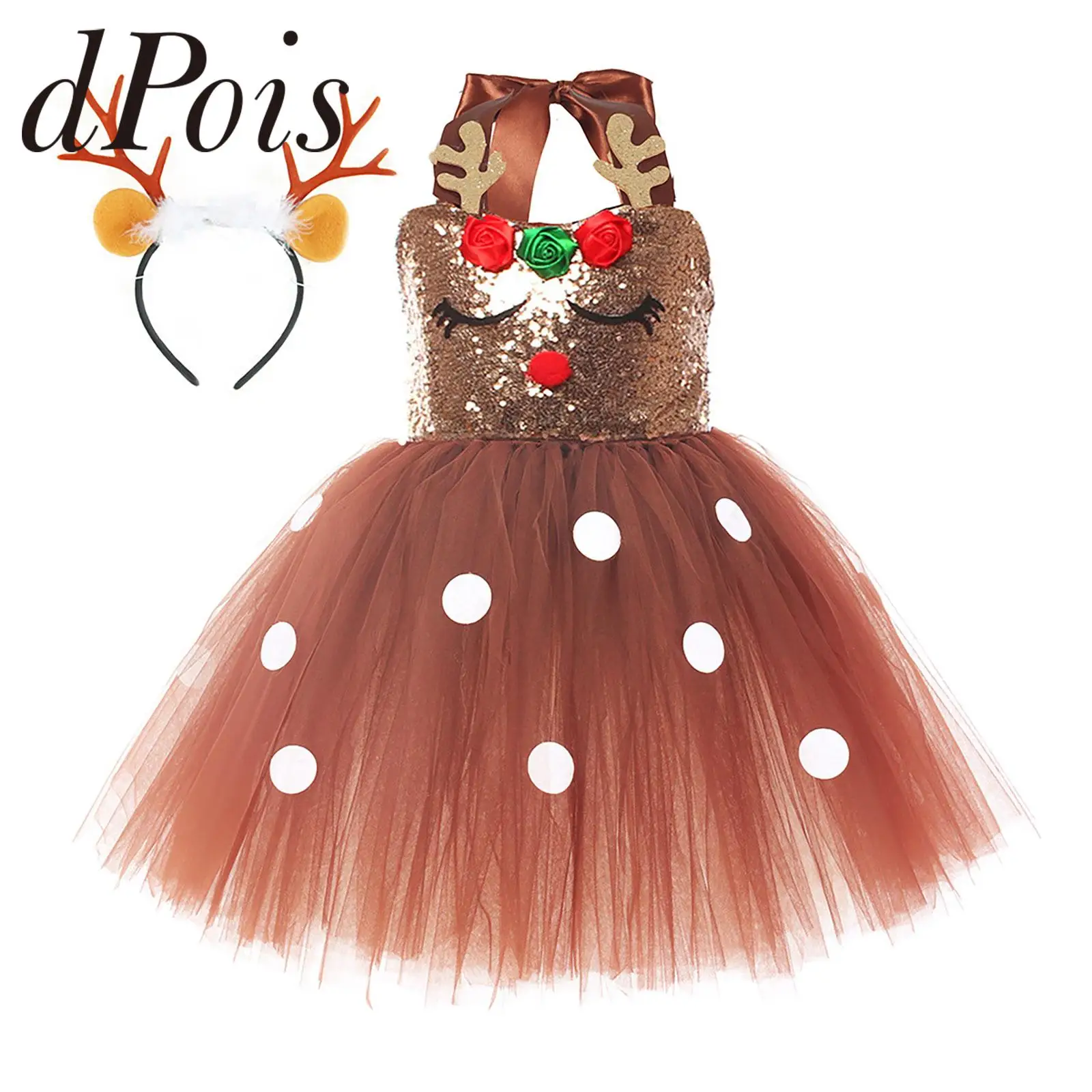 Xmas Gift Brown Sequin Deer Christmas Costumes for Girls Princess Dresses Kids Reindeer Cosplay Outfit Children New Year Clothes