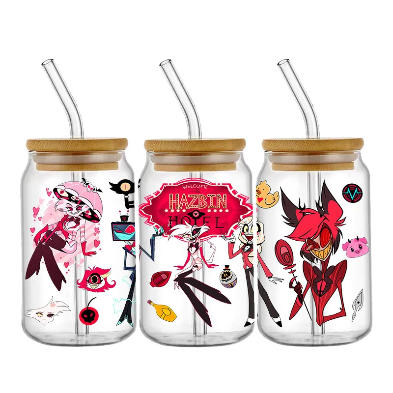 3D Cartoon Hazbin Hotel 16oz UV DTF Cup Wrap Tumbler Glass Plastic Can Transfer Sticker Waterproof Self-adhesive Custom Decals