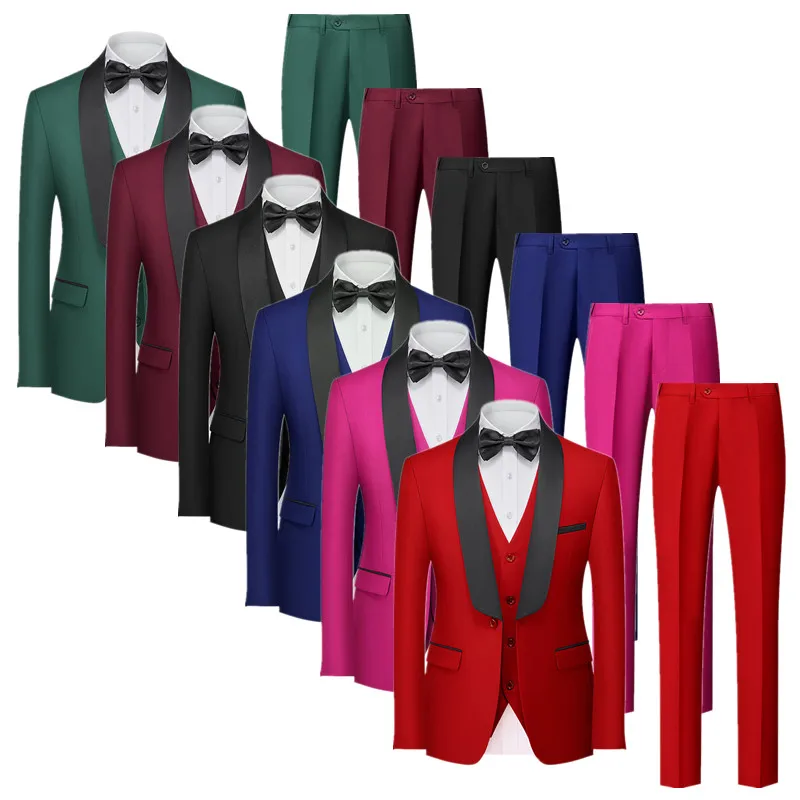 ( Jacket + Pants + Vest ) Men Pure Color Formal Suit 3 Piece Black / Red / Blue Male Business Social Wedding Banquet Tuxedo Set