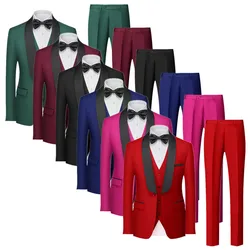 ( Jacket + Pants + Vest ) Men Pure Color Formal Suit 3 Piece Black / Red / Blue Male Business Social Wedding Banquet Tuxedo Set