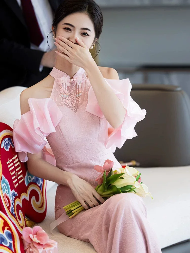 فستان زفاف الزفاف النمط الصيني الجديد ملابس الخطوبة نخب مثير سليم ذيل السمكة شيونغسام موضة مطرزة رائعة تشيباو #3