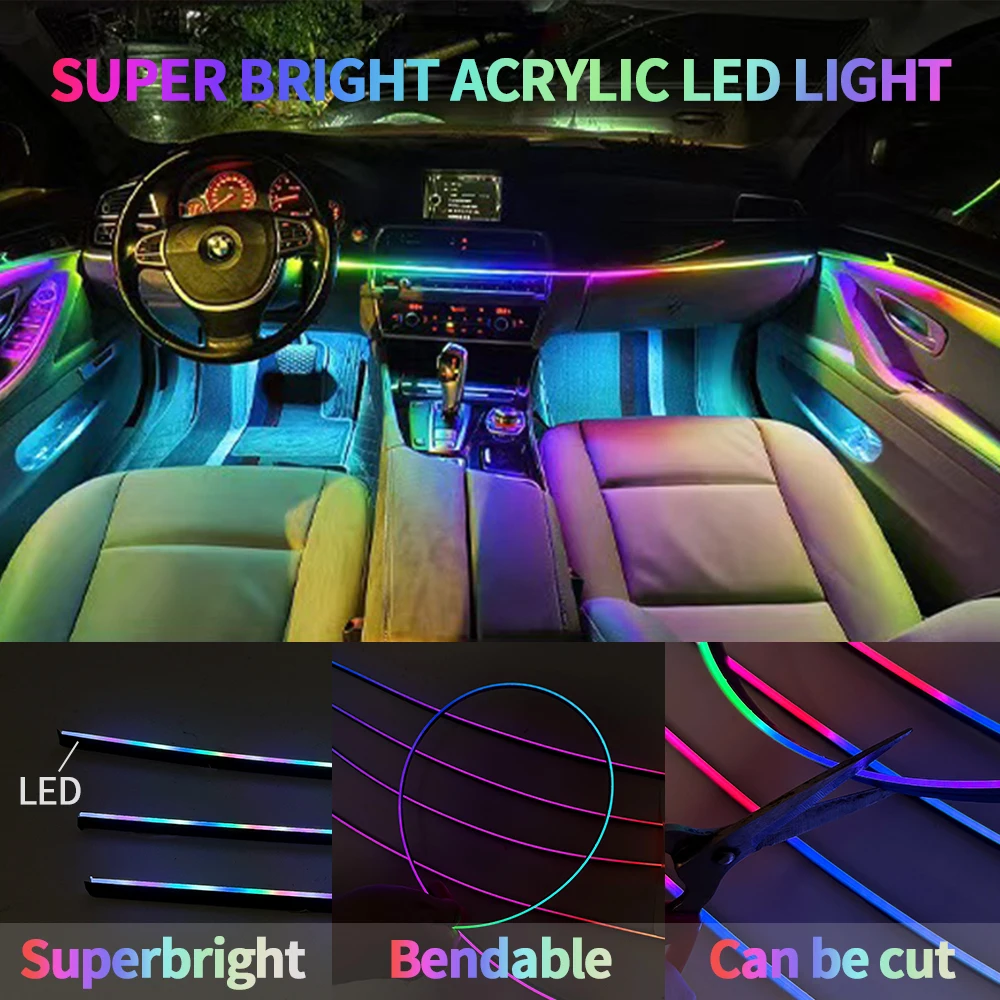 18 em 1 sinfonia streamer luzes ambientais do carro interior led acrílico luz de tira rgb decoração atmosfera lâmpada app remoto