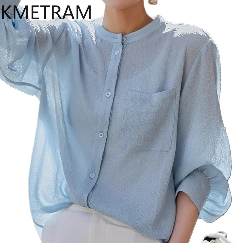 

KMETRAM Textured Crinkle Blouse Women Stand Collar Lantern Sleeve Ladies Tops Casual Summer Shirt New Woman Clothes 2026 рубашка