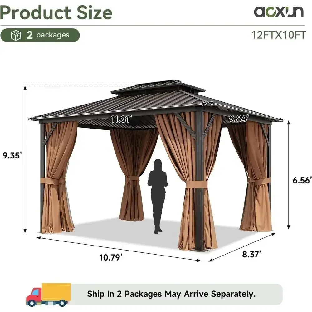 12x10 ft. Steel Hardtop Gazebo with Double Roof, Outdoor Pergola, Nettings & Curtains for Garden, Patio (Brown)