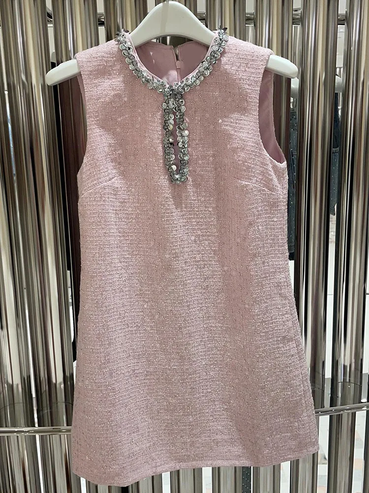 Mini vestido de lantejoulas com contas femininas, oco, gola redonda, sem mangas, túnica curta, doce, rosa, Outono, 2024