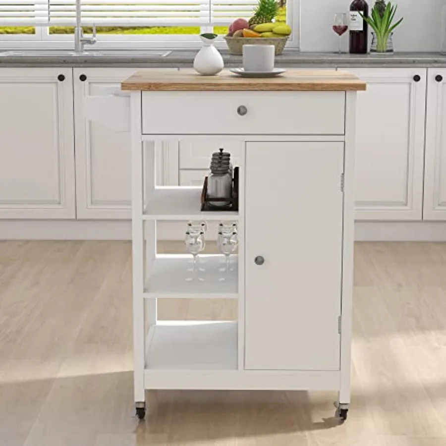 

Kitchen island rolling trolley cart with adjustable shelves, towel rack, drawer door, rubber wood tabletop, mobile kitchen stor