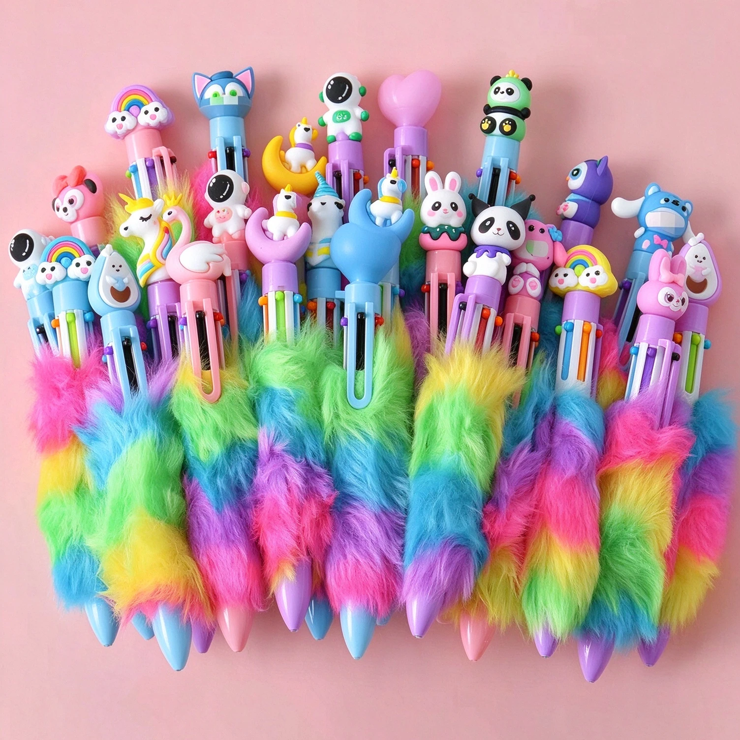 30Pcs/Lot Cute Rainbow Fuzzy Ballpoint Pens 6-in-1 Multicolor Cartoon Retractable Pens for Kids Girls Students School Supplies