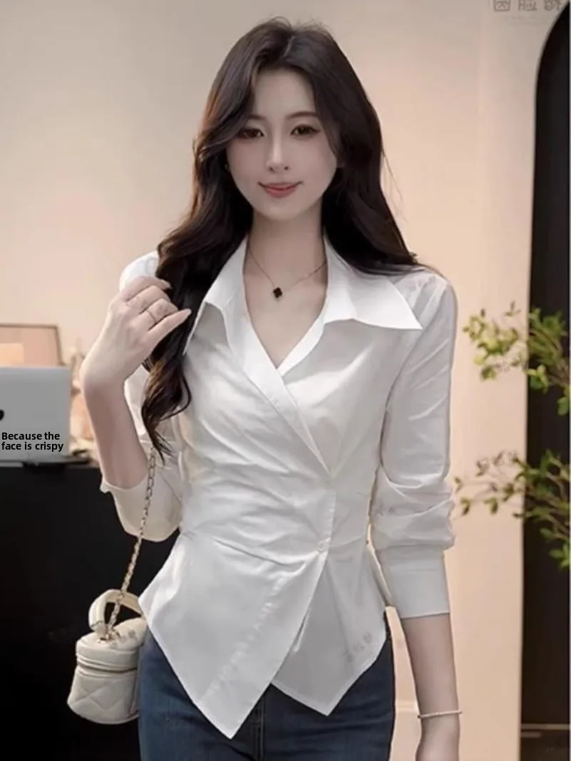 

White Asymmetrical ort Sve Long irt Women's Spring Season Design Sense Waist Inward Personali French Sle irt