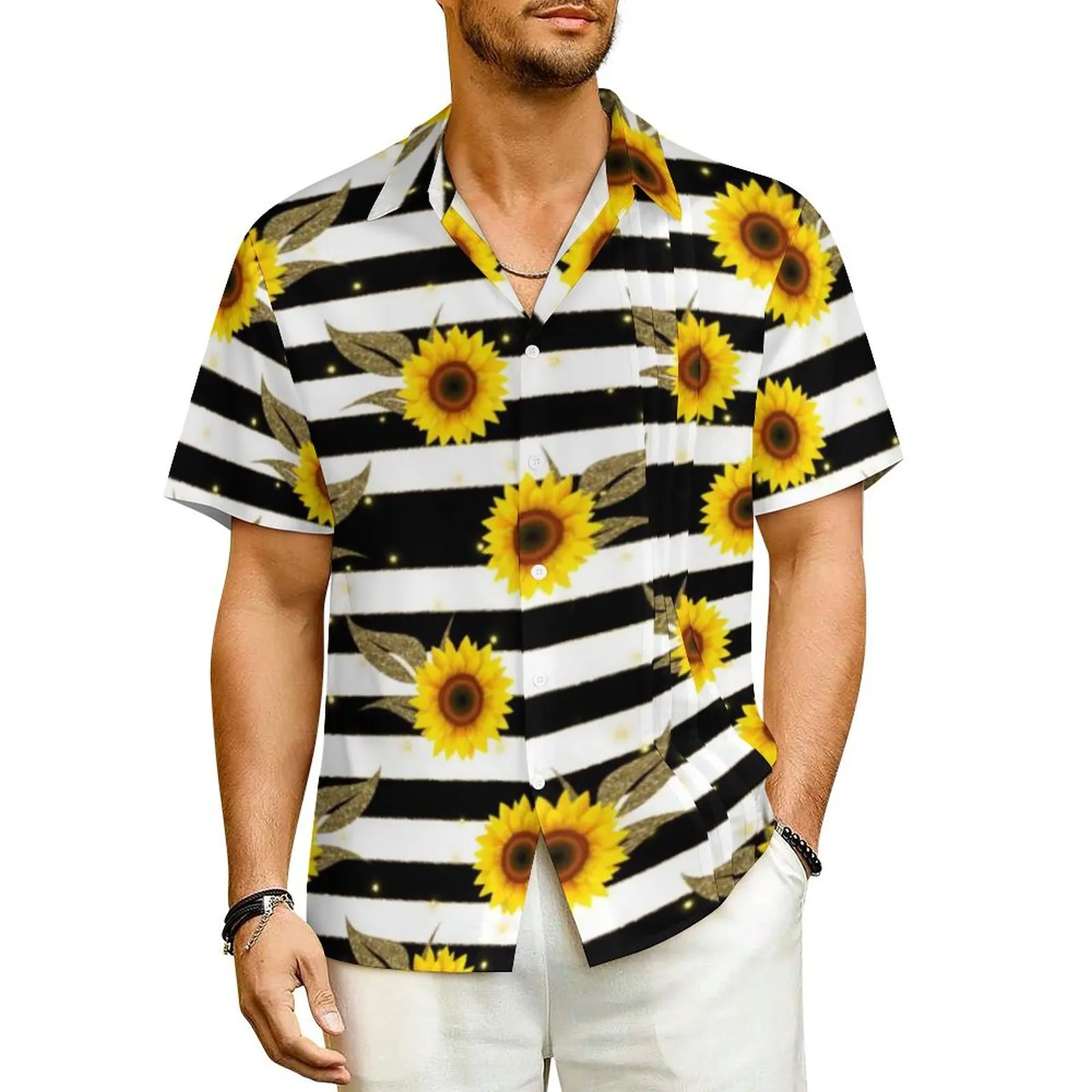 Sunflower Print Beach Shirt Man Black and White Stripes Novelty Casual Shirts Hawaiian Short-Sleeved Streetwear Oversize Blouses