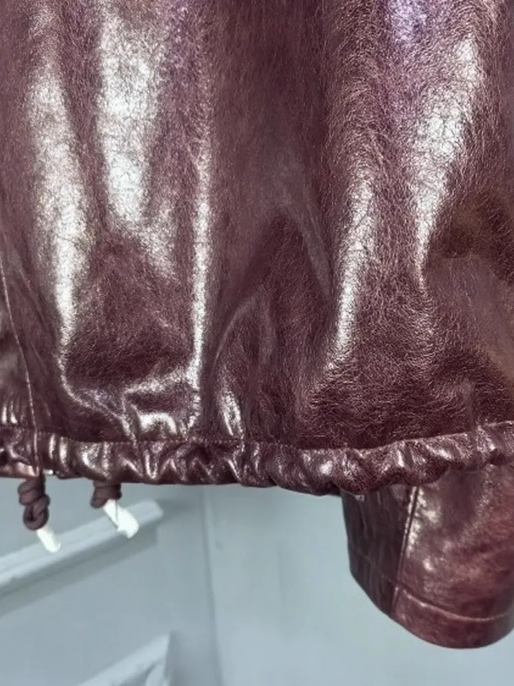 New Designer Women Zipper Stand Collar Loose Fit Bomber Jacket Autumn Motorcycle Windproof Sheepskin Genuine Leather Jacket Coat