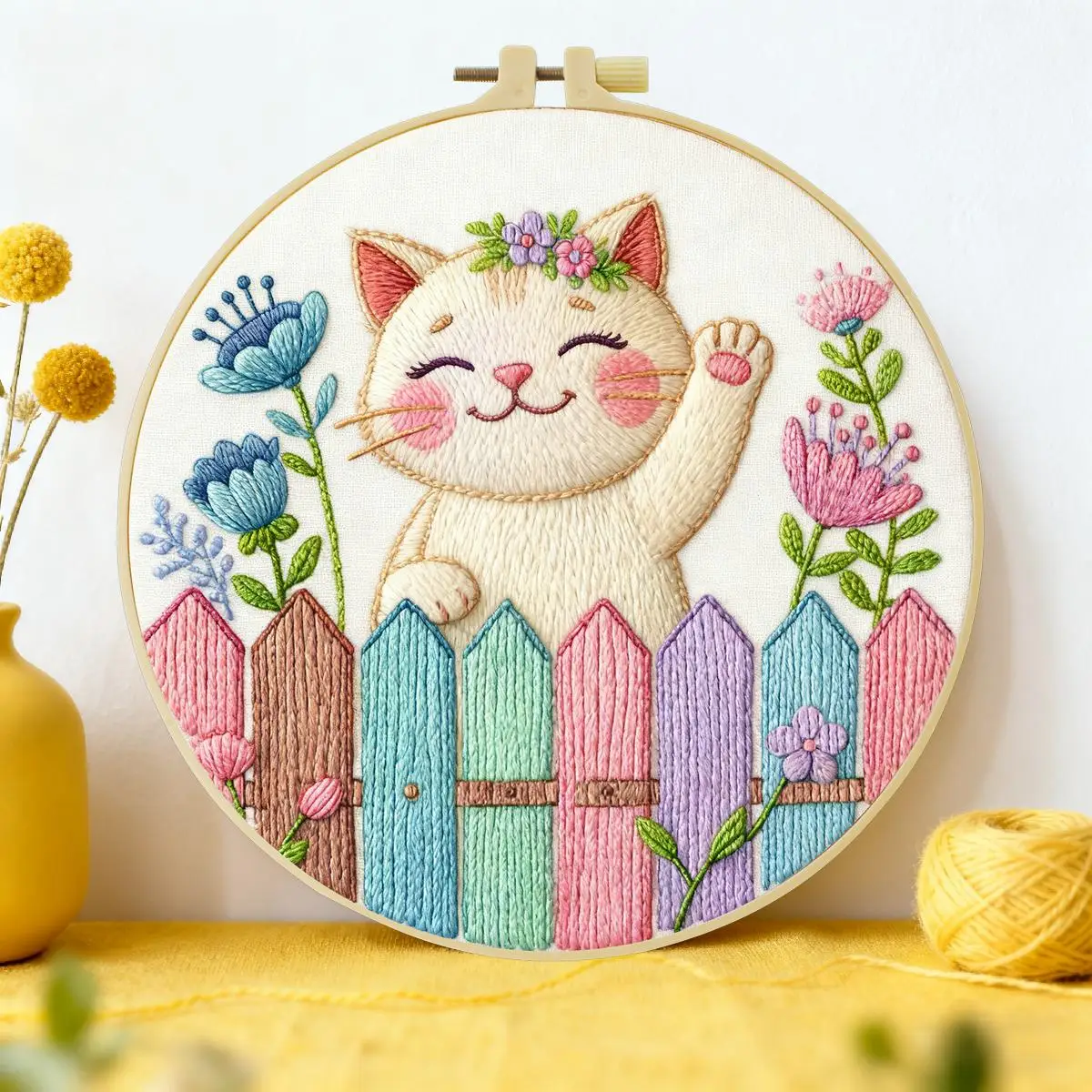 1pc 20X20CM/15X15CM 7.87/6.3inch Fence cat Embroidery Starter Kit DIY kit DIY embroidery kit manualidades Home Decor