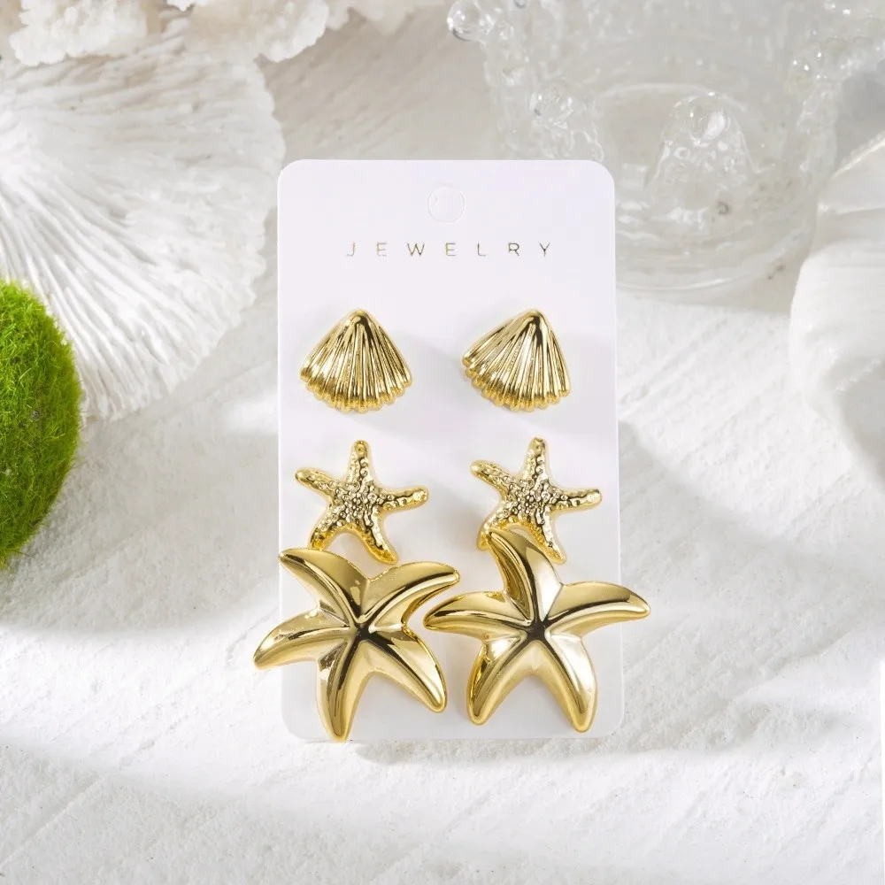 3 Pairs Vintage Bohemian Dangle Earring Gold Starfish Ocean Style Earrings Seashells Ear Studs Jewelry