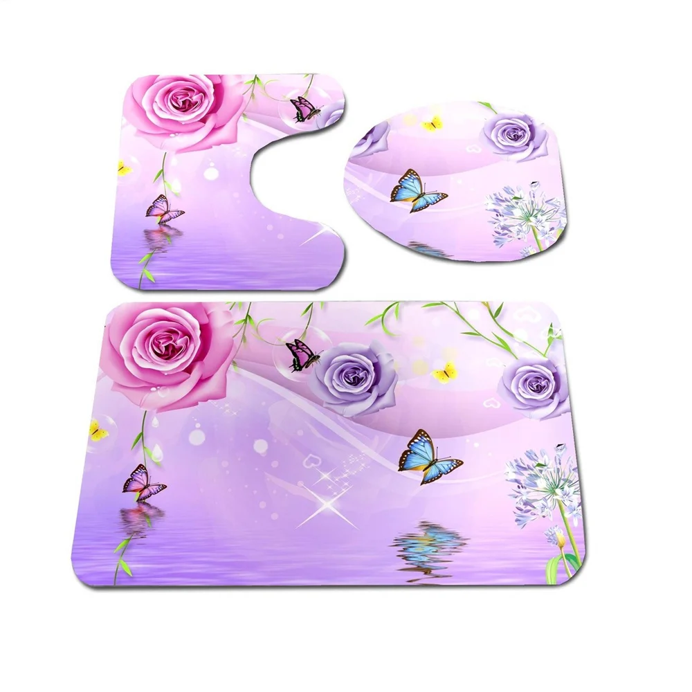 

Rose Butterfly Patern Creative Printed Bathroom set Bathrom non-slip carpet Floor mat Toilet mat Decoration Super soft Absorbent