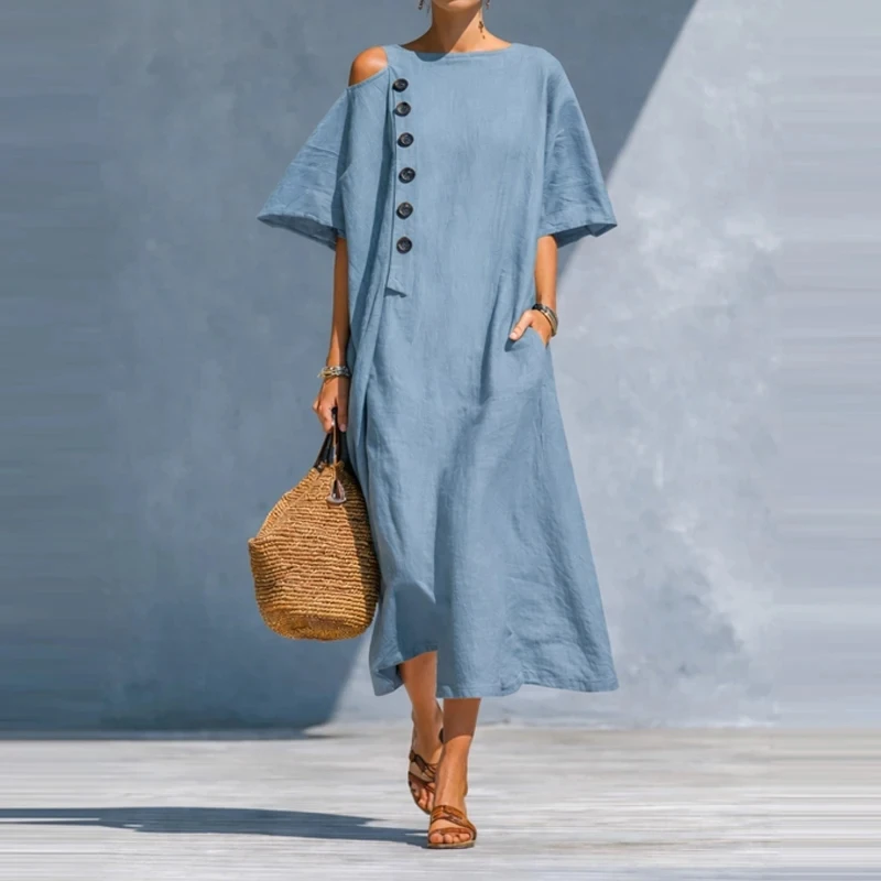 

Elegant Solid Color Button Women's Dress Casual O-neck High Waist Pocket Dress Summer Chic Hollow Out Short Sleeve Commute Robes