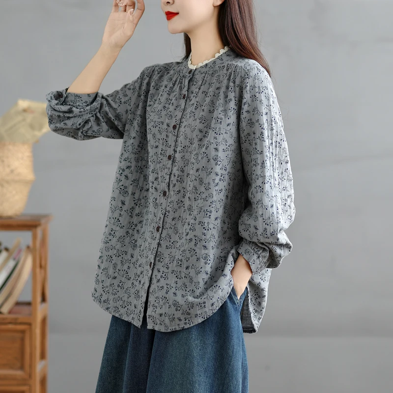 Casual Allentato Lungo Sve Stampa floreale irt Sle da donna Autunno Top Comodo misto cotone poliestere Vestibilità regolare irt