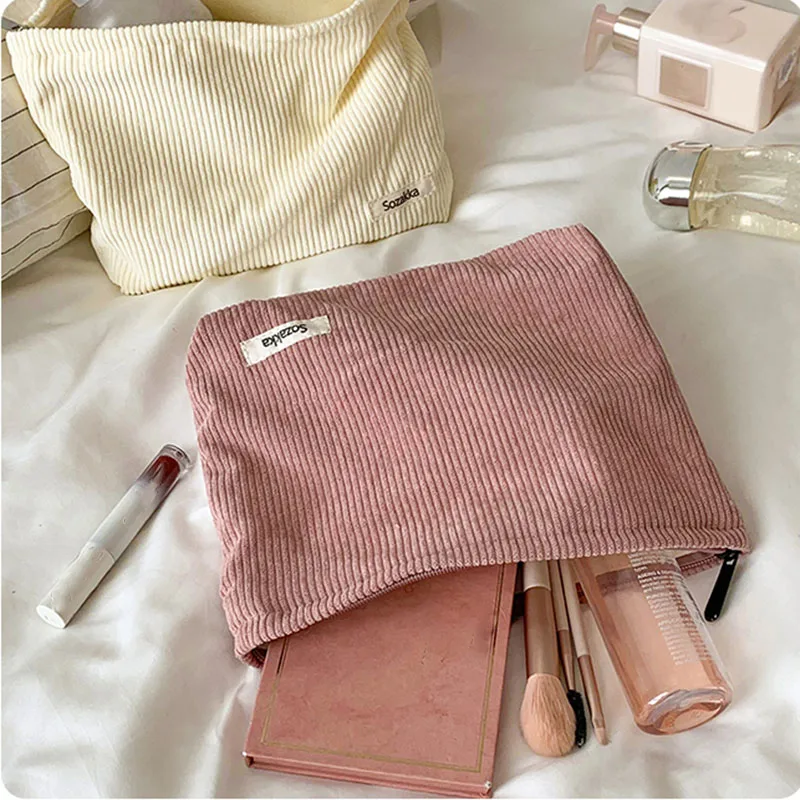 Women Cosmetic Bag Female Clutch Makeup Storage Toilet Bag Purses Cases Corduroy Cloth Travel Black Cosmetic Lipstick Bag Pouch