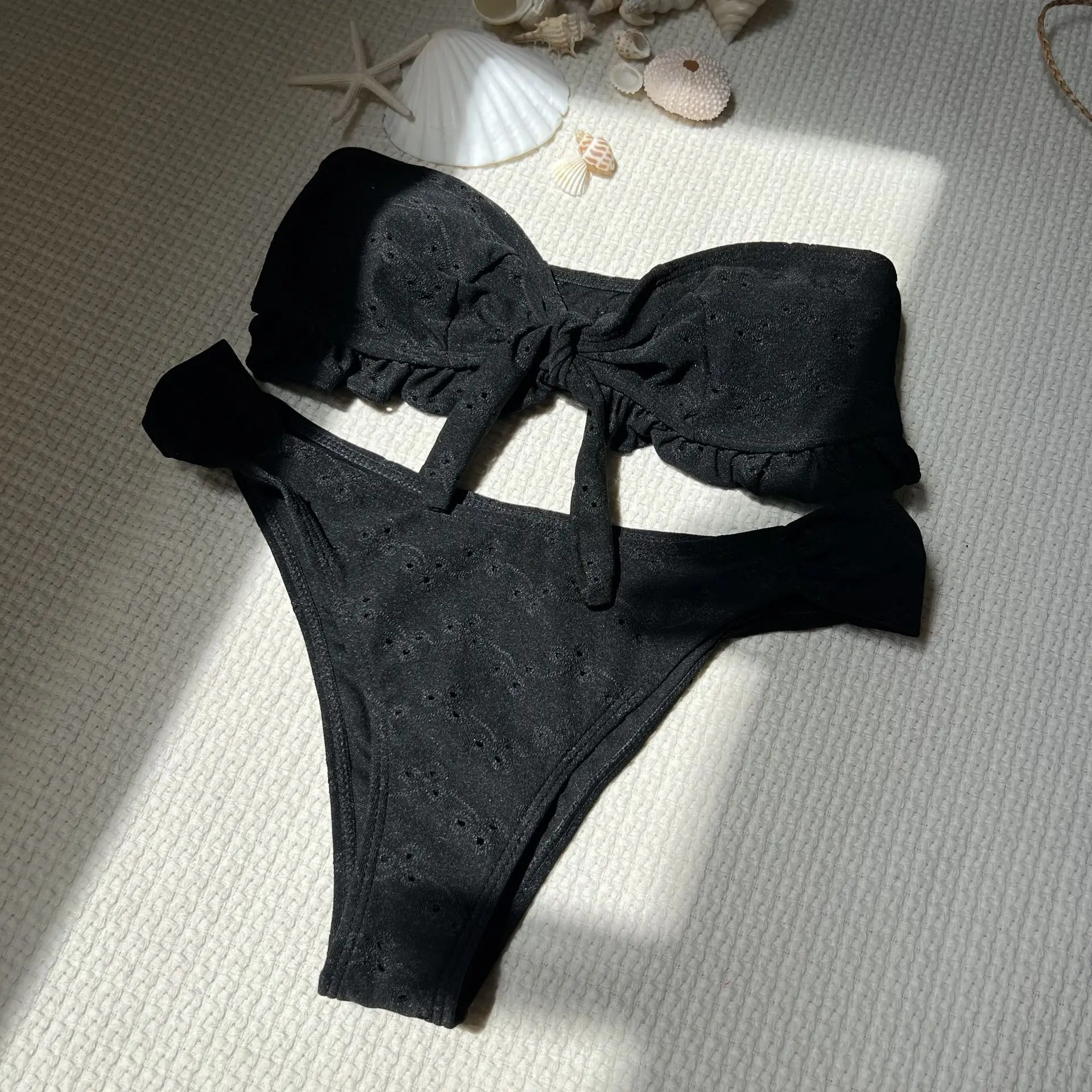 Sexy babados gravata frontal bandeau bikinis define duas peças maiôs simples banho biquini conjunto de biquíni tankini trikini