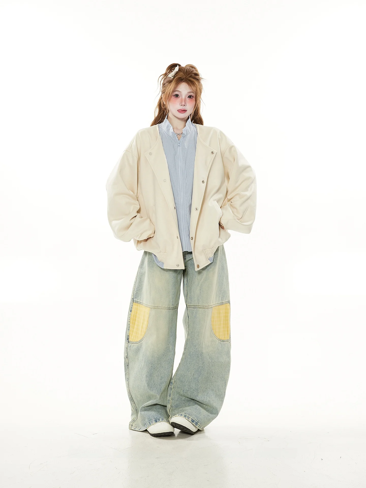 

American Retro Striped irt Collar Splicing Fake Two-Piece Baseball Jaet Women Spring Autumn Design Sense Jaet Trendy