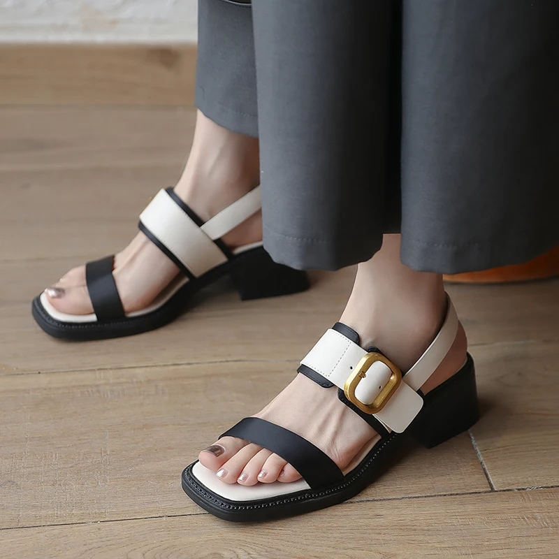 2023 New Classic Thick High Heels Women Sandals Summer Ankle Strap Split Leather Pumps Mature Elegant Party Office Shoes Woman