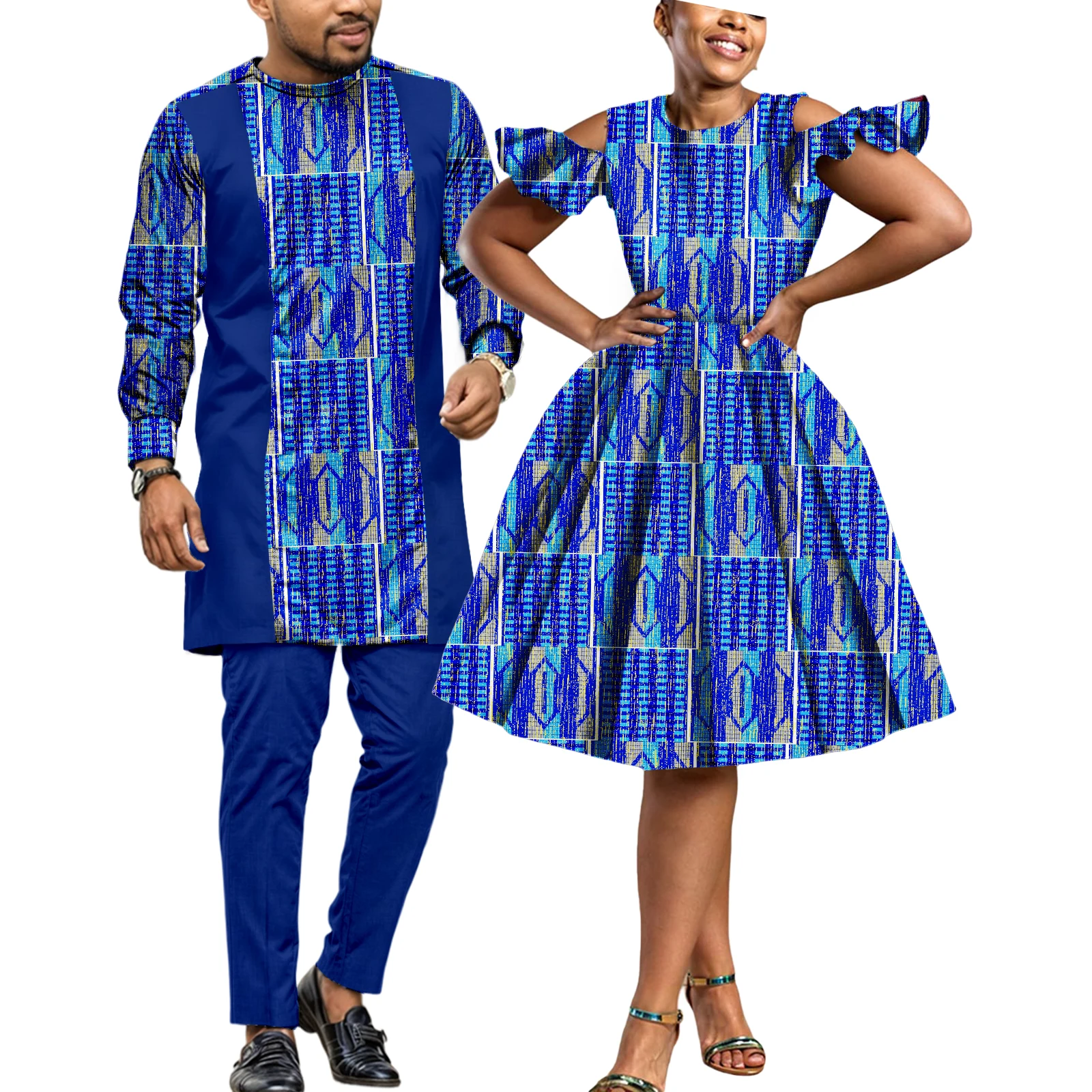 

African Couple's Outfit Matching Set Women Ankara Formal Turkey Dress Kente Print Cloth or Men Dashiki Outfit Shirt and Pants