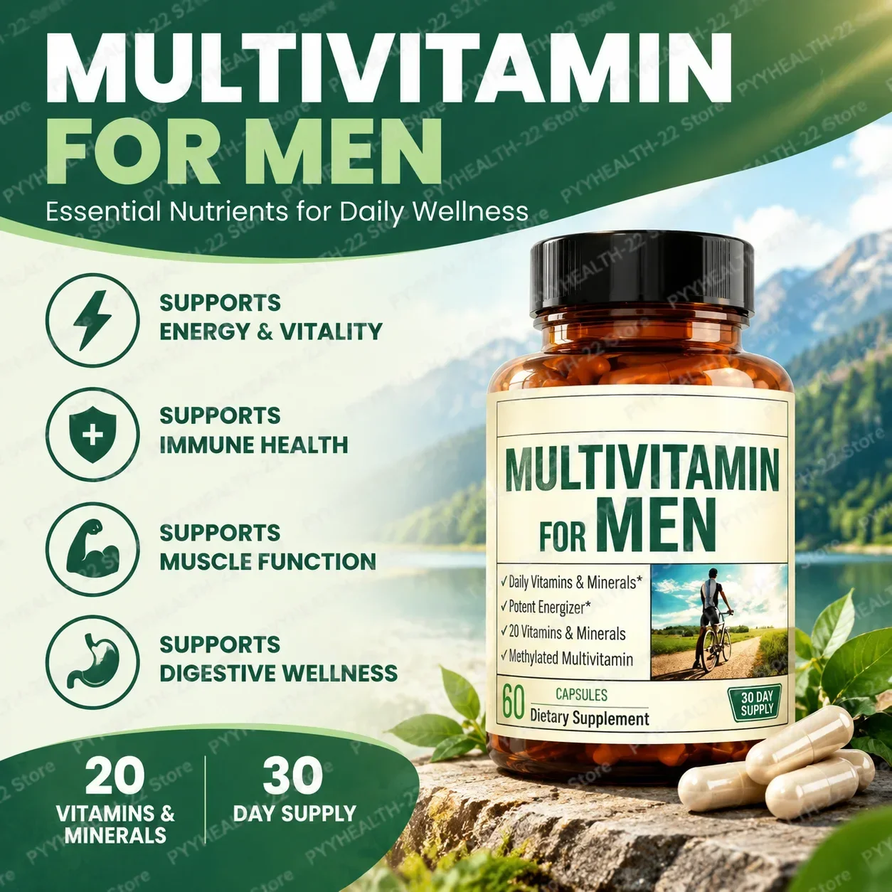 Multivitamin for Men,Maintain Vitality & Muscle Wellness, Methylated B-Complex Zinc Magnesium, 20 Vitamins Minerals, 60 Capsules