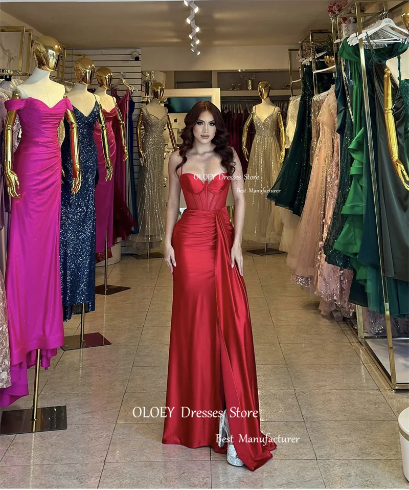 OLOEY-vestidos de noite longos de cetim vermelho para mulheres, cintas de espaguete, vestidos de baile sexy