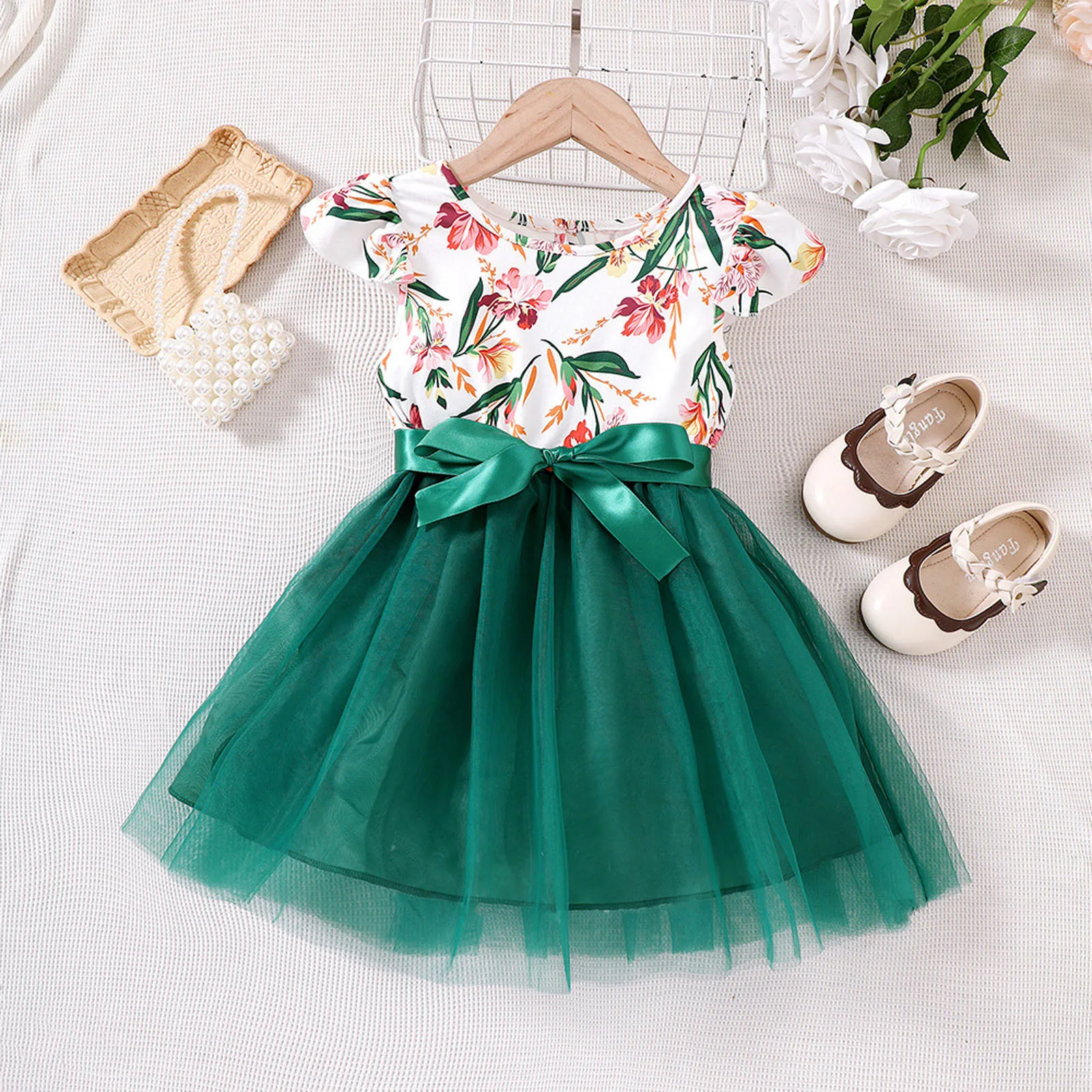 Summer Kids Formal Dress For Girls Lace Sleeveless Patchwork Tulle Dress Flower Print Children Girls Party Dress For 1-5 Years