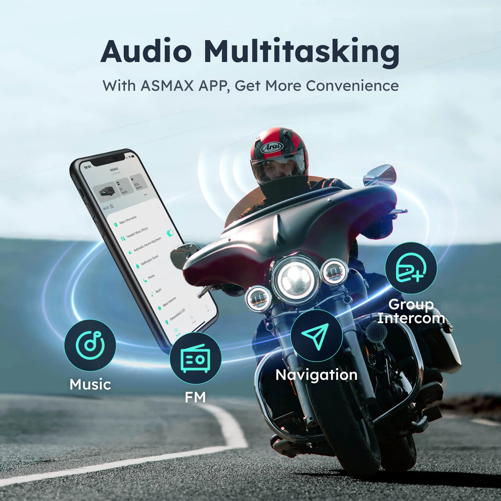 ASMAX S1 Bluetooth Moto Intercomunicador BT 5.4 Interphone Casco Auriculares Moto Intercomunicador Ai Control de Voz, 8 Riders, Radio FM, ENC