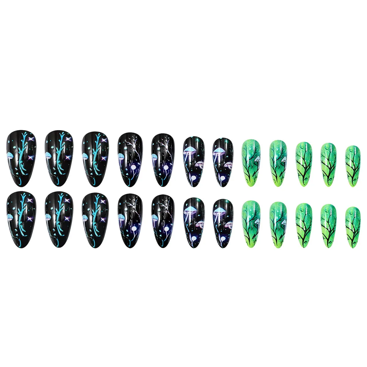 아몬드 프레스온 네일 버섯 모양 가짜 손톱 잎사귀 스머지 디자인 프레스온 네일 3D 탈부착 가능 풀커버 인조 손톱 팁