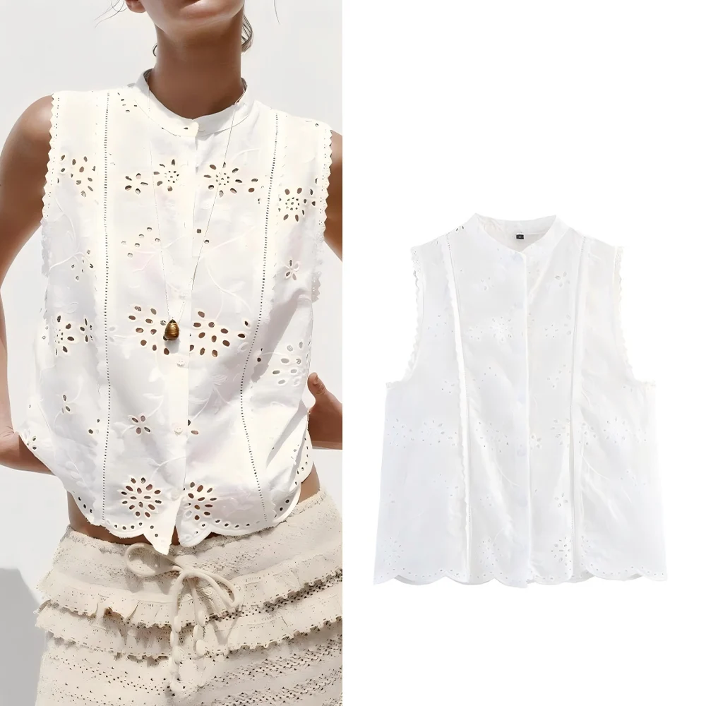 

Women's 2025 new fashion casual hollow embroidery stand collar shirt retro sleeveless button up women's shirt chic top