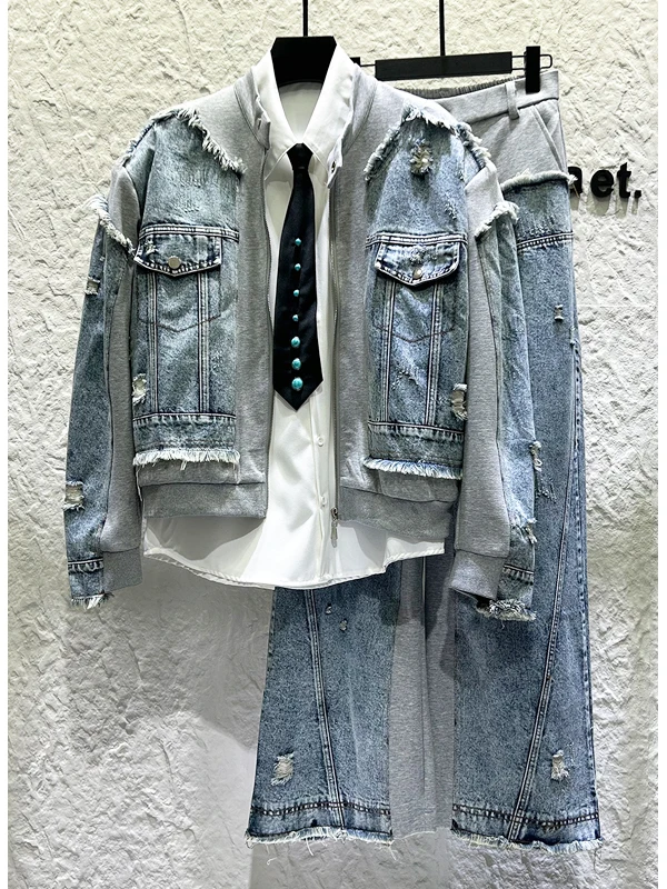 

Новый модный брендовый мужской джинсовый комплект с пэчворком: куртка и свободные прямые брюки с эффектом потертости, комплект из двух предметов