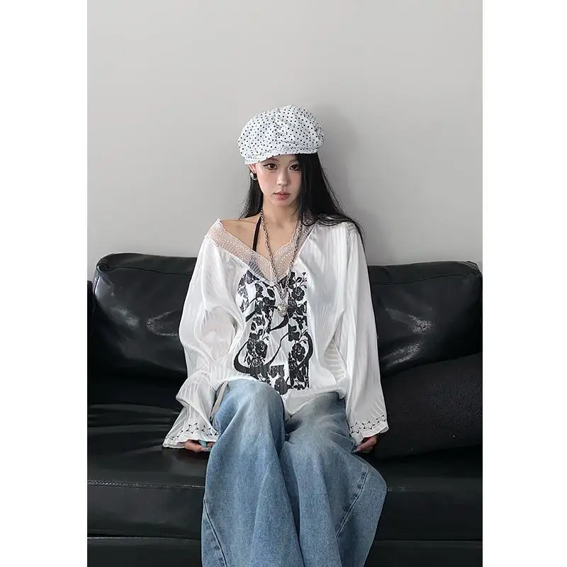 Fall Women Lace V Neck Long Sleeve T Shirts Rose Print Striped Sexy Girls Ball Suit Fashion All-match Loose Clothing Black White