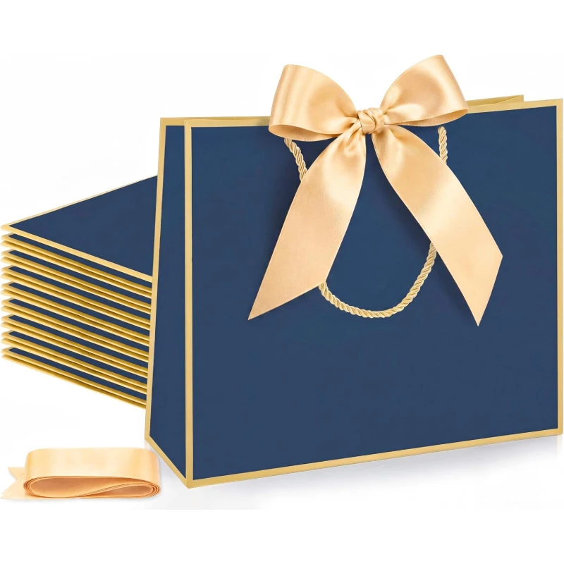 Paper Gift Bags with Handles & Bow Ribbon, Reusable Kraft Gift Paper Bags, Decorative Present Packaging Bag for Birthday Wedding