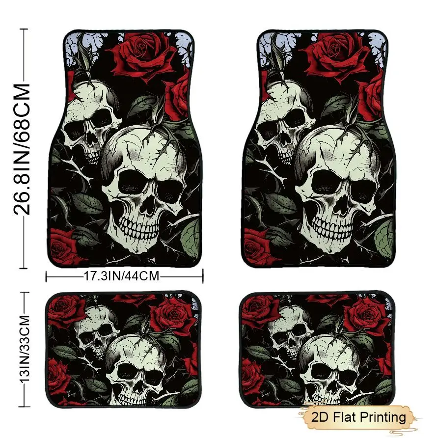 

4pcs Car Floor Mats Skull And Rose Design Polyester Fiber Universal Fit Car Floor Mats Car Additions Interior Decor 2D Flat Printing