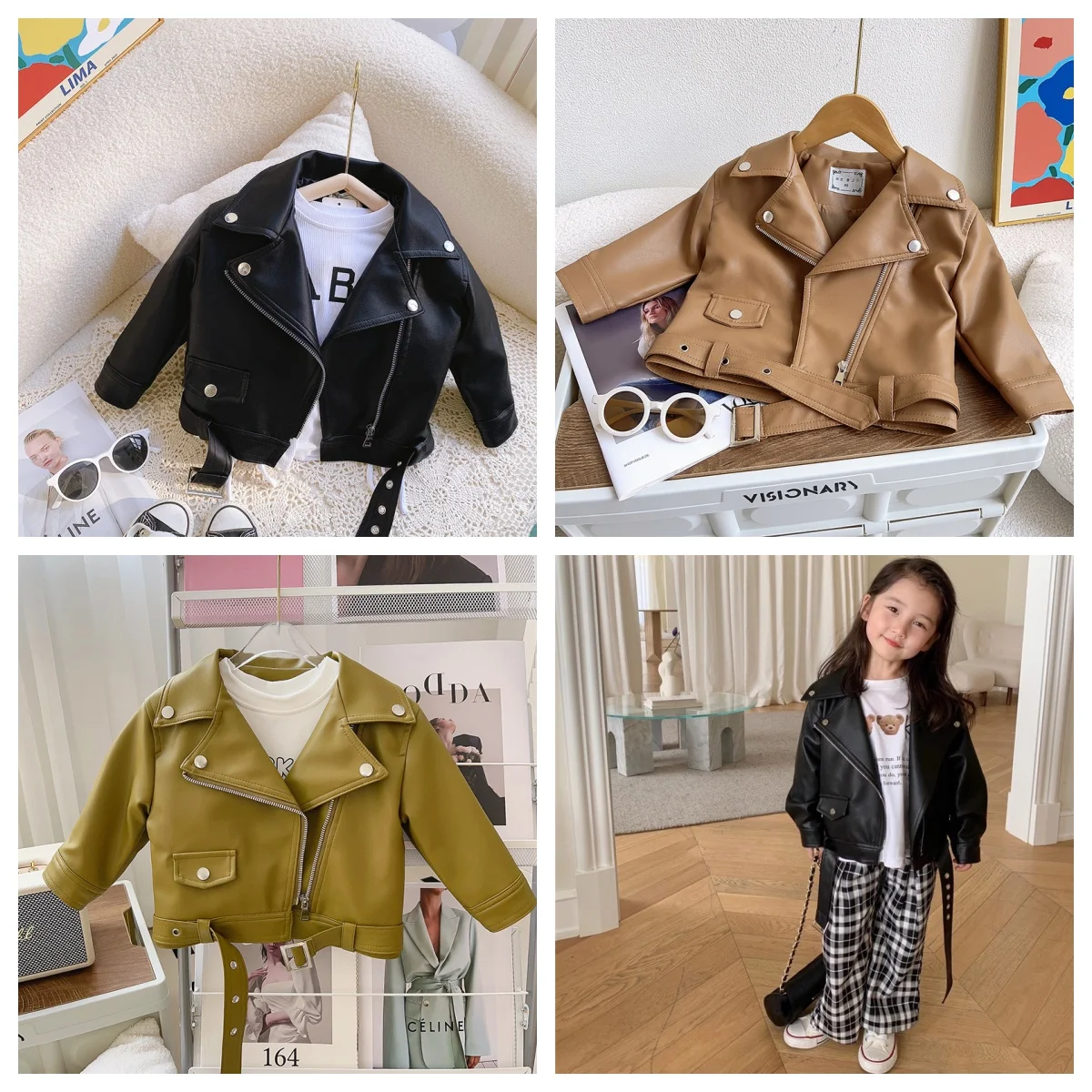 

Children Outerwear Kids 2024 Spring New Motorcycle Short Leather Jacket Baby Boys Girls Cool Big Lapel Zipper Fashion PU Coats