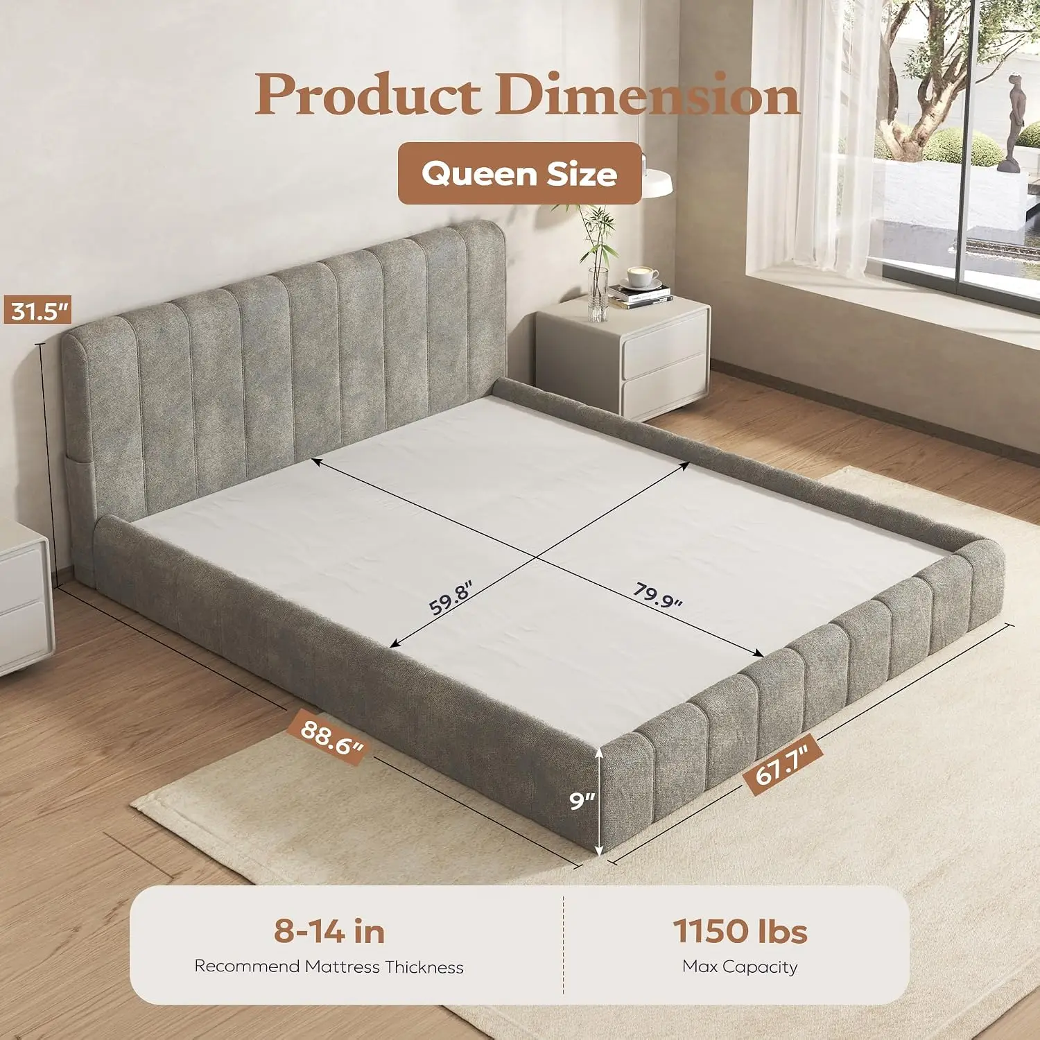 Queen Cloud Bed Frame, Boneless Cushioned Foam Bed, Customized