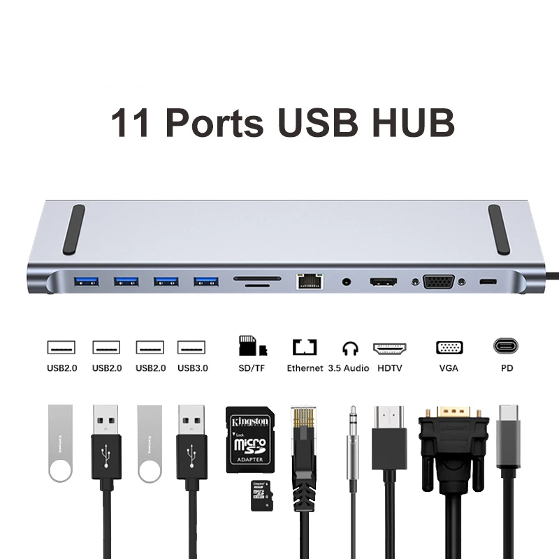 USB C Hub 11 in 1 Type C Dock Splitter Usb 3.0 Multiport Adapter 4K HDMI RJ45 SD/TF VGA HDMI PD for Laptop MacBook iPad Xiaomi