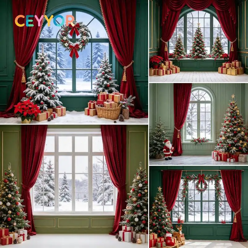 CEYYOR Vintage Christmas Indoor Room Studio Backdrop Green Panel Wall Arched Window Red Drapes Xmas Tree Gift Winter Holiday Dec