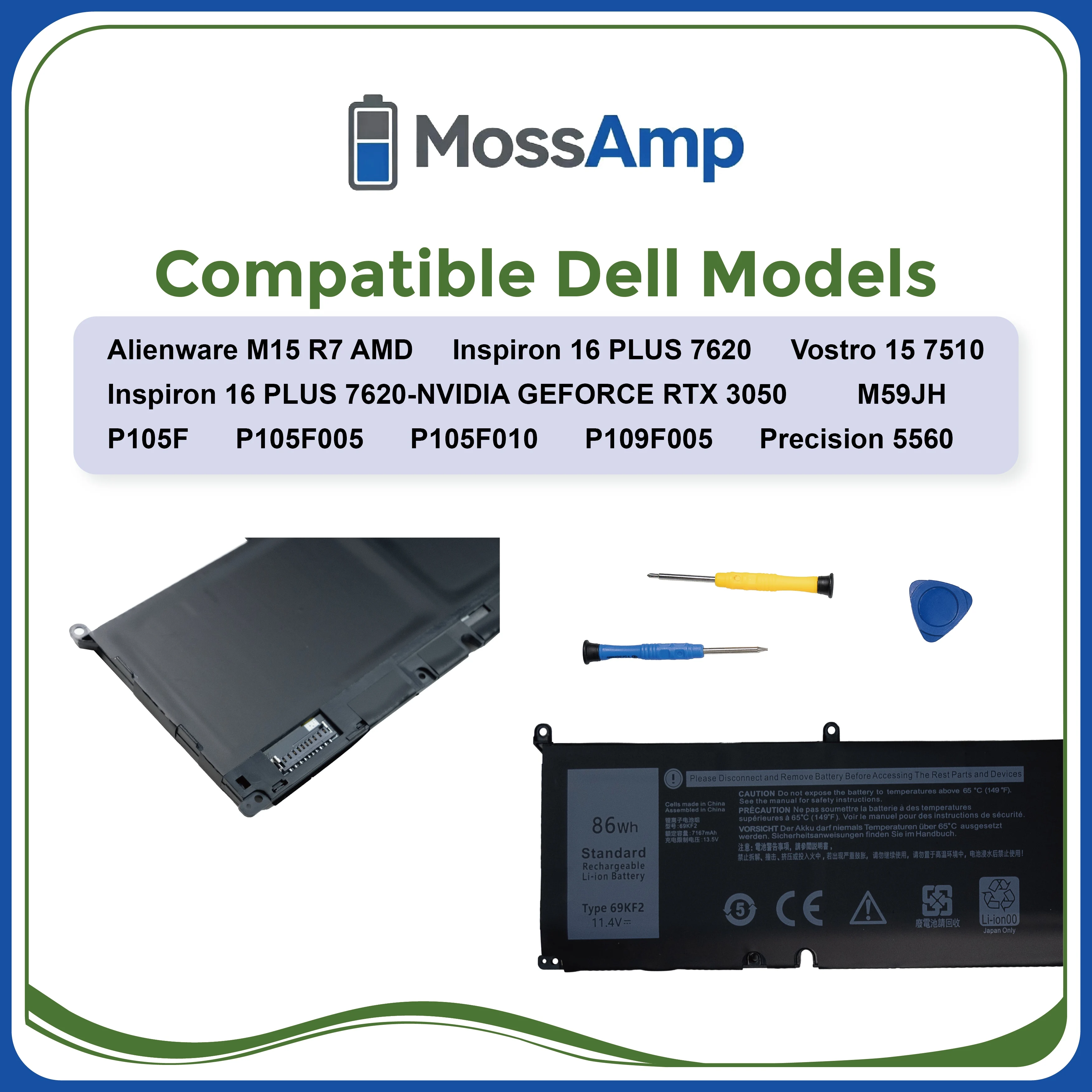 MossAmp 11.4V 86WH 69KF2 Laptop Battery for XPS Precision G15 15 9500 9510 9520 9530 5550 5560 5511 5520 5515 5521 G7 7500 P91F