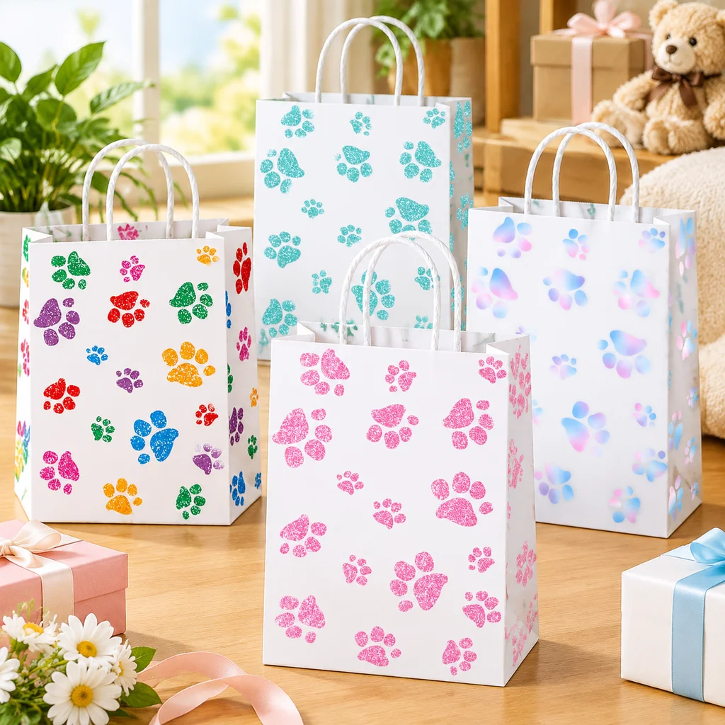 10PCS/1Bag New Cartoon Animal Paw Print Paper Gift Bag Eco Friendly Kraft Handbag for Shopping Clothing Packaging Party Favors