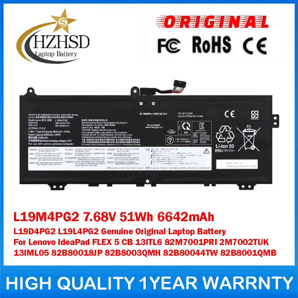 L19M4PG2 7.68V 51Wh 6642mAh L19D4PG2 L19L4PG2 Genuine Original Laptop Battery For Lenovo IdeaPad FLEX5 CB 13ITL6 82M7001PRI/2TUK