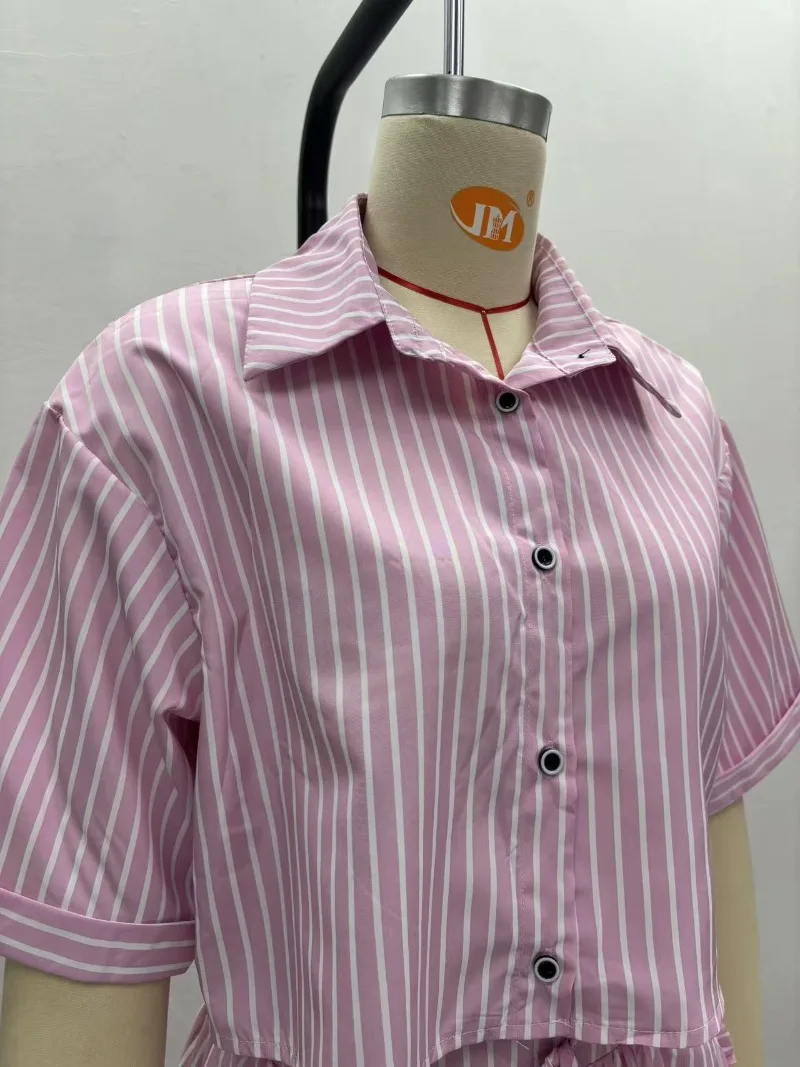 Rosa gestreiftes, lockeres zweiteiliges Set, elegantes Damen-Cropped-Top-Shirt + Midirock, afrikanische Freizeit-Sommeroutfits, Übergröße – Detail 6