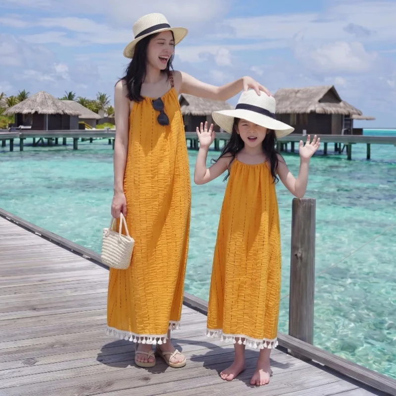 Mommy and Me Matching Yellow Tassel Hem Maxi Dress Sleeveless Spaghetti Strap Boho Beach Vacation Dress for Mom and Daughter